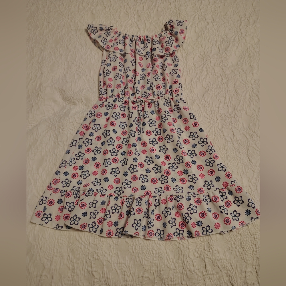 Girls White Floral Ruffle Sundress - Pink & Navy